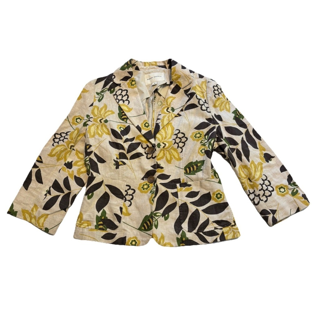 VTG Banana Republic 8 Beige Yellow Green Brown Floral Blazer Jacket 100% Linen
